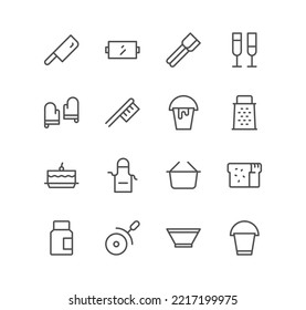 Set of cooking and kitchen icons, frying time, kitchen utensils and linear variety vectors.
