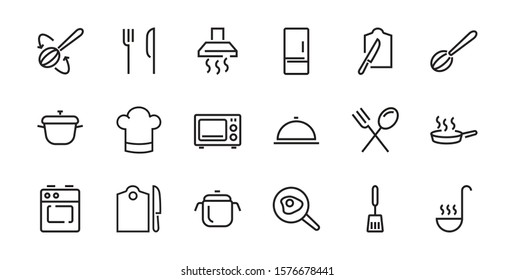 Set of cooking and kitchen icons, Vector lines, contains icons such as frying pan, frying, microwave, fork with spoon, Editable stroke, perfect 48x48 pixels, white background.