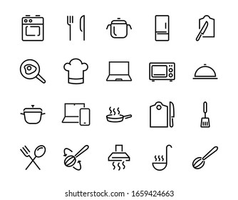 Conjunto de iconos de cocina y cocina, Líneas vectoriales, contiene iconos como sartén, fritura, microondas, tenedor con cuchara, trazo editable, perfecto 480x480 píxeles, fondo blanco