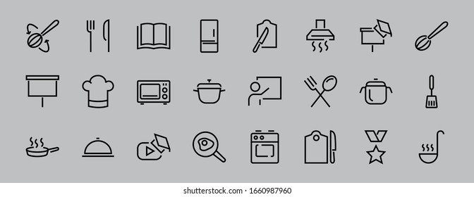 Set of cooking and kitchen icons, Vector lines, contains icons such as frying pan, frying, microwave, fork with spoon, Editable stroke, perfect 480x480 pixels, white background