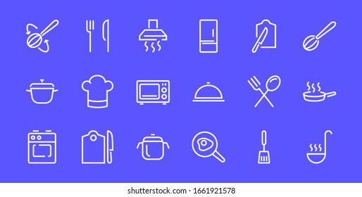  Set of cooking and kitchen icons, Vector lines, contains icons such as frying pan, frying, microwave, fork with spoon, Editable stroke, perfect 480x480 pixels, white background