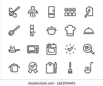  Conjunto de iconos de cocina y cocina, Líneas vectoriales, contiene iconos como sartén, fritura, microondas, tenedor con cuchara, trazo editable, perfecto 480x480 píxeles, fondo blanco