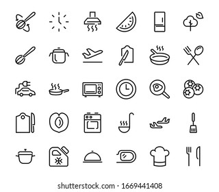  Set of cooking and kitchen icons, Vector lines, contains icons such as frying pan, frying, microwave, fork with spoon, Editable stroke, perfect 480x480 pixels, white background