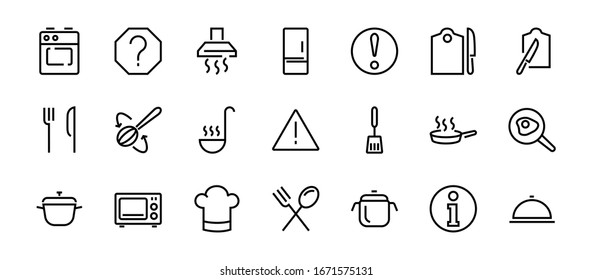 Set of cooking and kitchen icons, Vector lines, contains icons such as frying pan, frying, microwave, fork with spoon, Editable stroke, perfect 480x480 pixels, white background