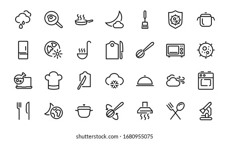  Set of cooking and kitchen icons, Vector lines, contains icons such as frying pan, frying, microwave, fork with spoon, Editable stroke, perfect 480x480 pixels, white background