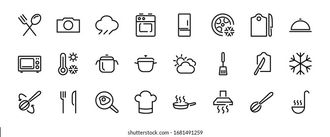 Conjunto de iconos de cocina y cocina, Líneas vectoriales, contiene iconos como sartén, fritura, microondas, tenedor con cuchara, trazo editable, perfecto 480x480 píxeles, fondo blanco