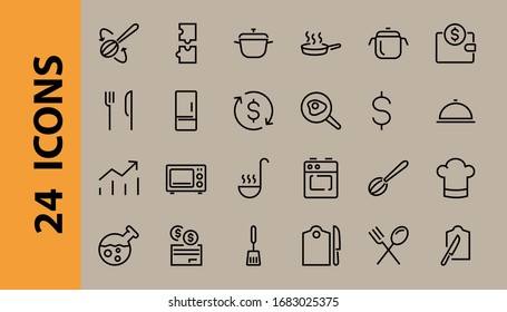  Conjunto de iconos de cocina y cocina, Líneas vectoriales, contiene iconos como sartén, fritura, microondas, tenedor con cuchara, trazo editable, perfecto 480x480 píxeles, fondo blanco