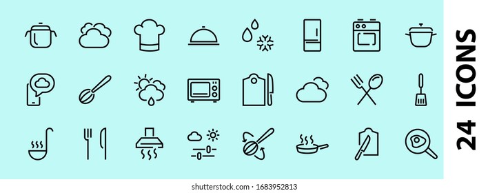 Conjunto de iconos de cocina y cocina, Líneas vectoriales, contiene iconos como sartén, fritura, microondas, tenedor con cuchara, trazo editable, perfecto 480x480 píxeles, fondo blanco