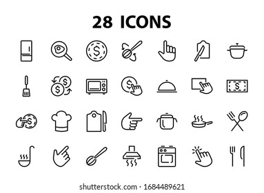 Set of cooking and kitchen icons, Vector lines, contains icons such as frying pan, frying, microwave, fork with spoon, Editable stroke, perfect 480x480 pixels, white background