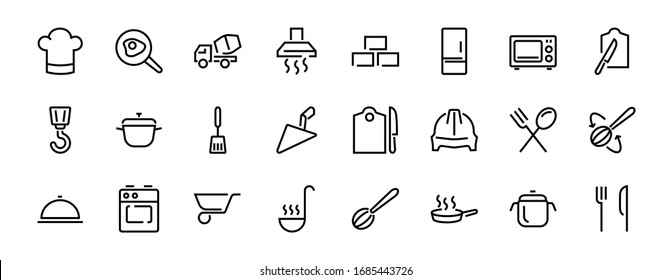  Set of cooking and kitchen icons, Vector lines, contains icons such as frying pan, frying, microwave, fork with spoon, Editable stroke, perfect 480x480 pixels, white background