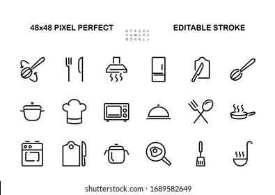  Set of cooking and kitchen icons, Vector lines, contains icons such as frying pan, frying, microwave, fork with spoon, Editable stroke, perfect 480x480 pixels, white background