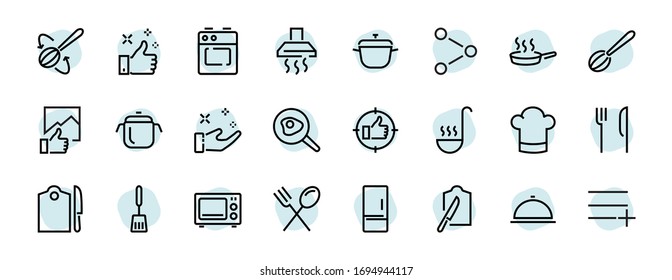  Set of cooking and kitchen icons, Vector lines, contains icons such as frying pan, frying, microwave, fork with spoon, Editable stroke, perfect 480x480 pixels, white background