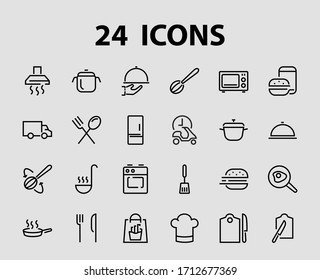 Set of cooking and kitchen icons, Vector lines, contains icons such as frying pan, frying, microwave, fork with spoon, Editable stroke, perfect 480x480 pixels, white background