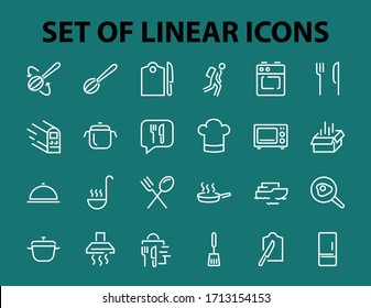 Set of cooking and kitchen icons, Vector lines, contains icons such as frying pan, frying, microwave, fork with spoon, Editable stroke, perfect 480x480 pixels, white background