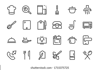 Set Of Cooking And Kitchen Icons, Vector Lines, Contains Icons Such As Frying Pan, Frying, Microwave, Fork With Spoon, Editable Stroke, Perfect 480x480 Pixels, White Background