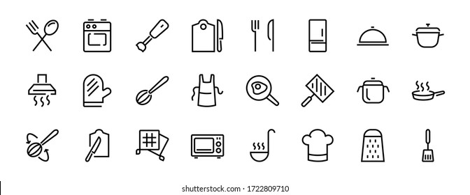 Set of cooking and kitchen icons, Vector lines, contains icons such as frying pan, frying, microwave, fork with spoon, Editable stroke, perfect 480x480 pixels, white background