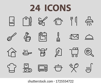 Set of cooking and kitchen icons, Vector lines, contains icons such as frying pan, frying, microwave, fork with spoon, Editable stroke, perfect 480x480 pixels, white background