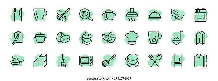 Set of cooking and kitchen icons, Vector lines, contains icons such as frying pan, frying, microwave, fork with spoon, Editable stroke, perfect 480x480 pixels, white background