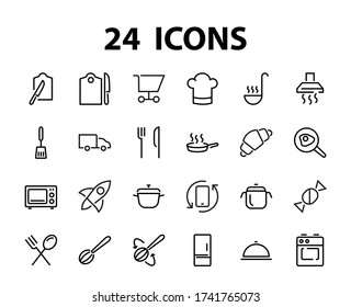 Set of cooking and kitchen icons, Vector lines, contains icons such as frying pan, frying, microwave, fork with spoon, Editable stroke, perfect 480x480 pixels, white background