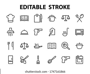 Set of cooking and kitchen icons, Vector lines, contains icons such as frying pan, frying, microwave, fork with spoon, Editable stroke, perfect 480x480 pixels, white background