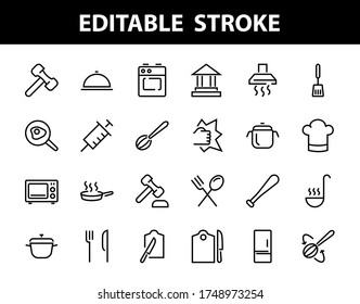 Set of cooking and kitchen icons, Vector lines, contains icons such as frying pan, frying, microwave, fork with spoon, Editable stroke, perfect 480x480 pixels, white background