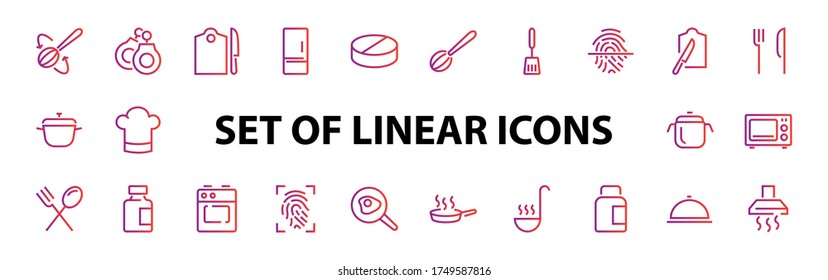 Set of cooking and kitchen icons, Vector lines, contains icons such as frying pan, frying, microwave, fork with spoon, Editable stroke, perfect 480x480 pixels, white background