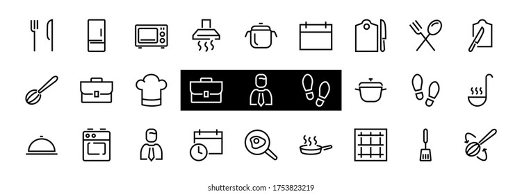 Set of cooking and kitchen icons, Vector lines, contains icons such as frying pan, frying, microwave, fork with spoon, Editable stroke, perfect 480x480 pixels, white background
