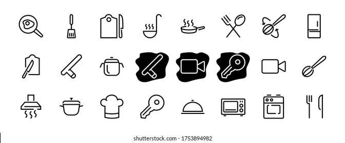 Set of cooking and kitchen icons, Vector lines, contains icons such as frying pan, frying, microwave, fork with spoon, Editable stroke, perfect 480x480 pixels, white background