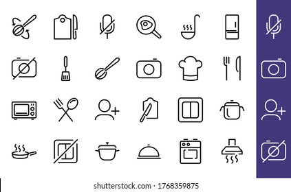 Set of cooking and kitchen icons, Vector lines, contains icons such as frying pan, frying, microwave, fork with spoon, Editable stroke, perfect 480x480 pixels, white background