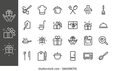 Set of cooking and kitchen icons, Vector lines, contains icons such as frying pan, frying, microwave, fork with spoon, Editable stroke, perfect 480x480 pixels, white background