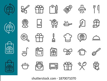 Juego de íconos de cocina y cocina, Líneas vectoriales, contiene íconos como sartén frito, fritura, microondas, tenedor con cuchara, trazo editable, 480x480 píxeles perfectos, fondo blanco