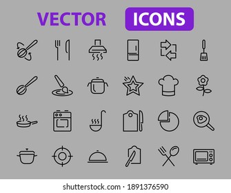  Set of cooking and kitchen icons, Vector lines, contains icons such as frying pan, frying, microwave, fork with spoon, Editable stroke, perfect 480x480 pixels, white background