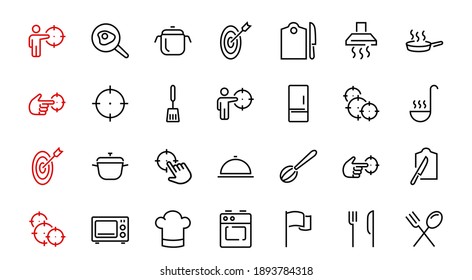 Set of cooking and kitchen icons, Vector lines, contains icons such as frying pan, frying, microwave, fork with spoon, Editable stroke, perfect 480x480 pixels, white background