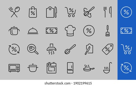  Set of cooking and kitchen icons, Vector lines, contains icons such as frying pan, frying, microwave, fork with spoon, Editable stroke, perfect 480x480 pixels, white background