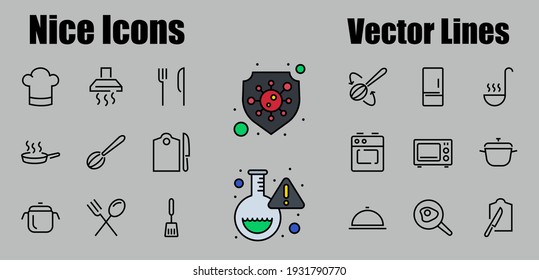  Set of cooking and kitchen icons, Vector lines, contains icons such as frying pan, frying, microwave, fork with spoon, Editable stroke, perfect 480x480 pixels, white background