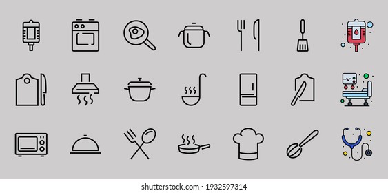  Set of cooking and kitchen icons, Vector lines, contains icons such as frying pan, frying, microwave, fork with spoon, Editable stroke, perfect 480x480 pixels, white background