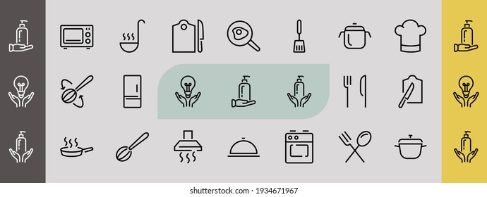 Set of cooking and kitchen icons, Vector lines, contains icons such as frying pan, frying, microwave, fork with spoon, Editable stroke, perfect 480x480 pixels, white background.