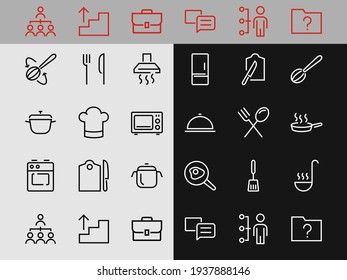  Set of cooking and kitchen icons, Vector lines, contains icons such as frying pan, frying, microwave, fork with spoon, Editable stroke, perfect 480x480 pixels, white background