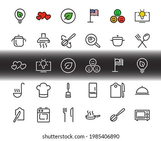  Set of cooking and kitchen icons, Vector lines, contains icons such as frying pan, frying, microwave, fork with spoon, Editable stroke, perfect 480x480 pixels, white background