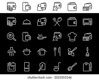  Set of cooking and kitchen icons, Vector lines, contains icons such as frying pan, frying, microwave, fork with spoon, Editable stroke, perfect 480x480 pixels, white background