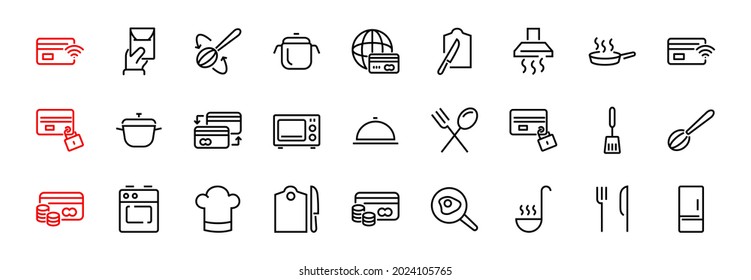  Set of cooking and kitchen icons, Vector lines, contains icons such as frying pan, frying, microwave, fork with spoon, Editable stroke, perfect 480x480 pixels, white background