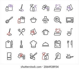  Set of cooking and kitchen icons, Vector lines, contains icons such as frying pan, frying, microwave, fork with spoon, Editable stroke, perfect 480x480 pixels, white background