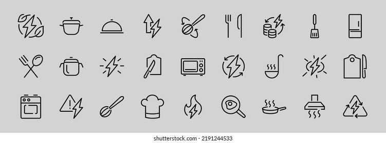  Set of cooking and kitchen icons, Vector lines, contains icons such as frying pan, frying, microwave, fork with spoon, Editable stroke, perfect 480x480 pixels, white background