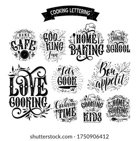 Set of cooking lettering typography vector design for greeting cards and poster. Set of cooking lettering  handwritten lettering.  Design template celebration. Vector illustration.