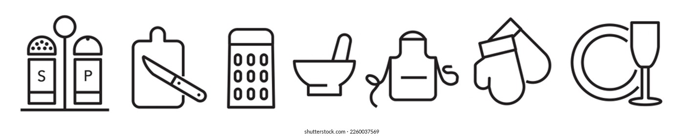 Set of Cooking line icons. Kitchen utensils. salt and pepper shaker, cutting board, hand grater, pinafore, mortar, potholder, and plate.  Editable vector thin line icon collection on white background