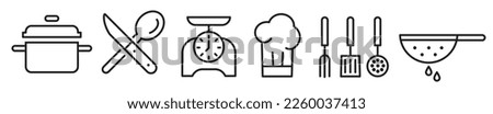 Set of Cooking line icons. Kitchen utensils. Pan, Fork, spoon, knife and cookware line icons. Colander, spatula, chef hat, spoon, skimmer and kitchen scales.  Editable vector thin line icon collection Foto stock © 
