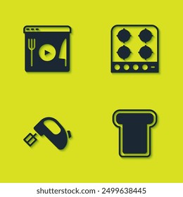 Set Cooking live streaming, Bread toast, Electric mixer and Gas stove icon. Vector