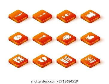 Set Cooking live streaming, Rolling pin on dough, Broken egg, Fork, Oven, Cutting board, Microwave oven and glove icon. Vector