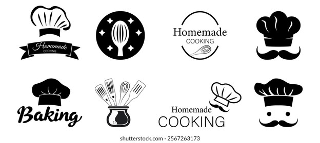 Set of cooking logos. Chef hats, mustache and kitchen tools. Vector Illustration
