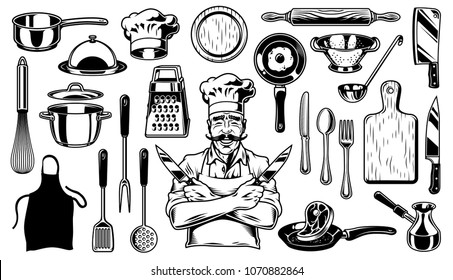 Set of cooking objects for the logo, emblem and badges. Vector illustration.